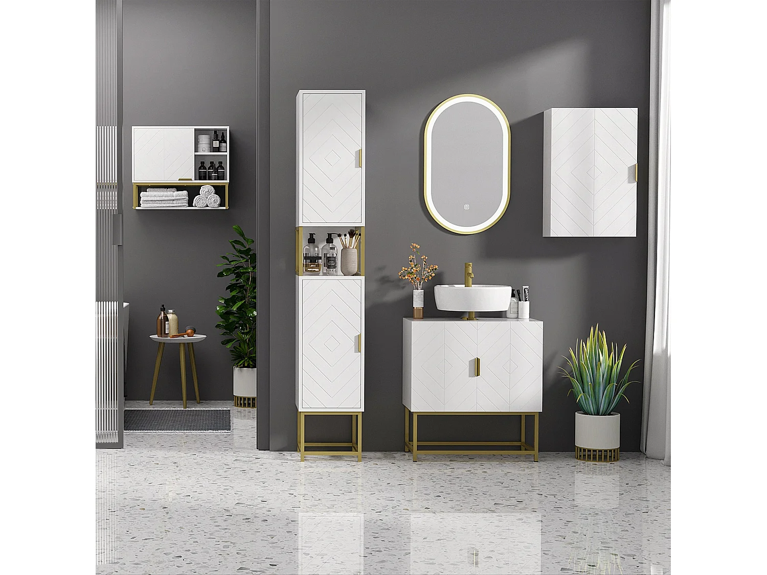 Kacoel Tall Narrow Bathroom Storage Cabinet White with Gold Tone Steel Base Adjustable Shelf Double Doors