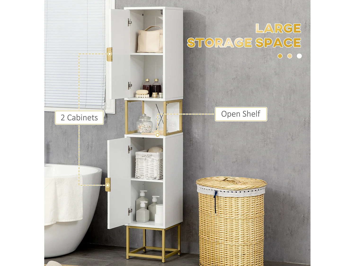Kacoel Tall Narrow Bathroom Storage Cabinet White with Gold Tone Steel Base Adjustable Shelf Double Doors