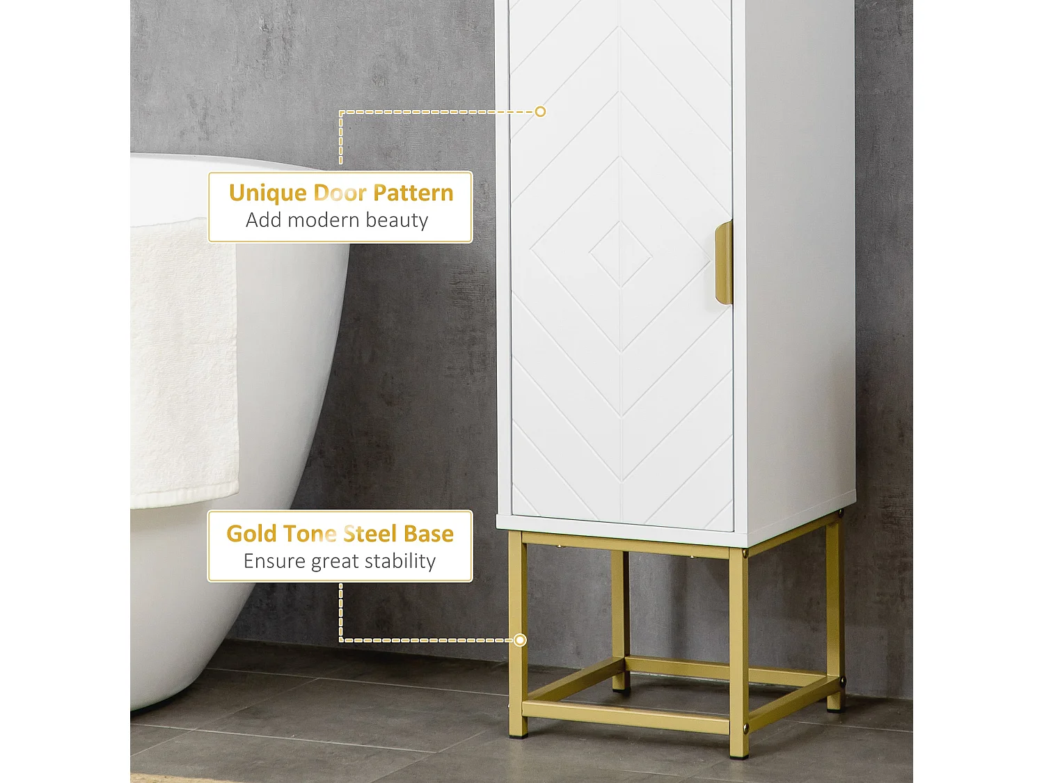 Kacoel Tall Narrow Bathroom Storage Cabinet White with Gold Tone Steel Base Adjustable Shelf Double Doors