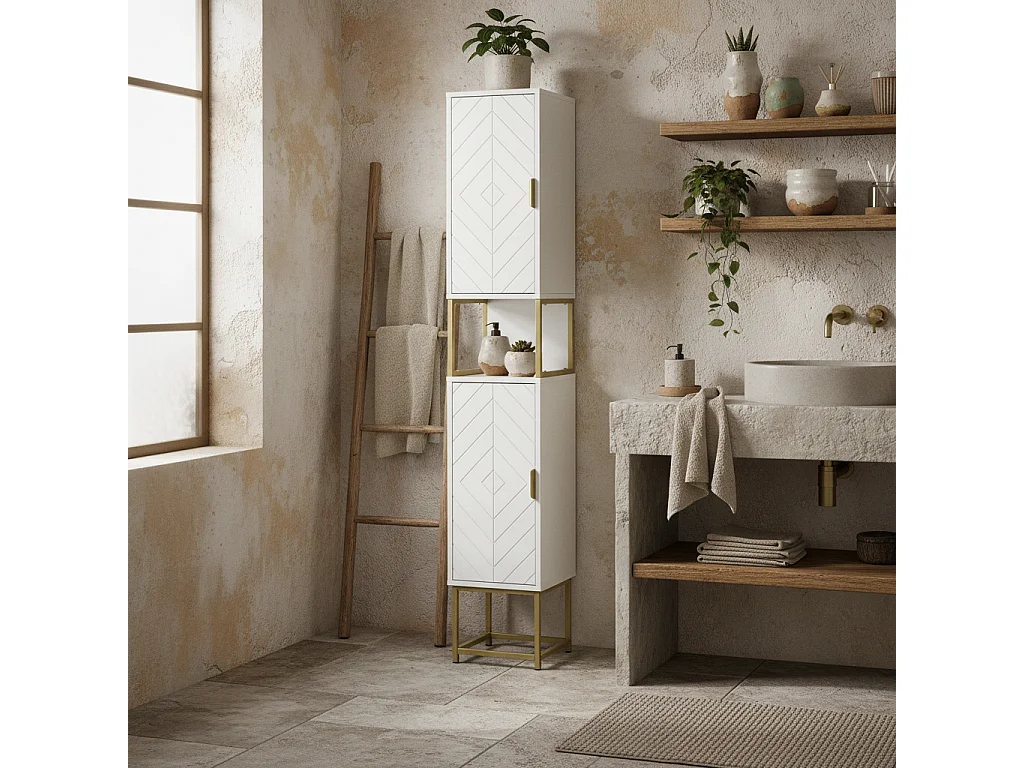 Kacoel Tall Narrow Bathroom Storage Cabinet White with Gold Tone Steel Base Adjustable Shelf Double Doors