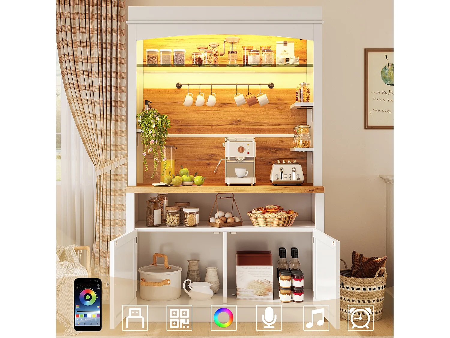 Kitchen cabinet / kitchen sideboard 107x43x184 cm - with LED lighting - open shelf - white