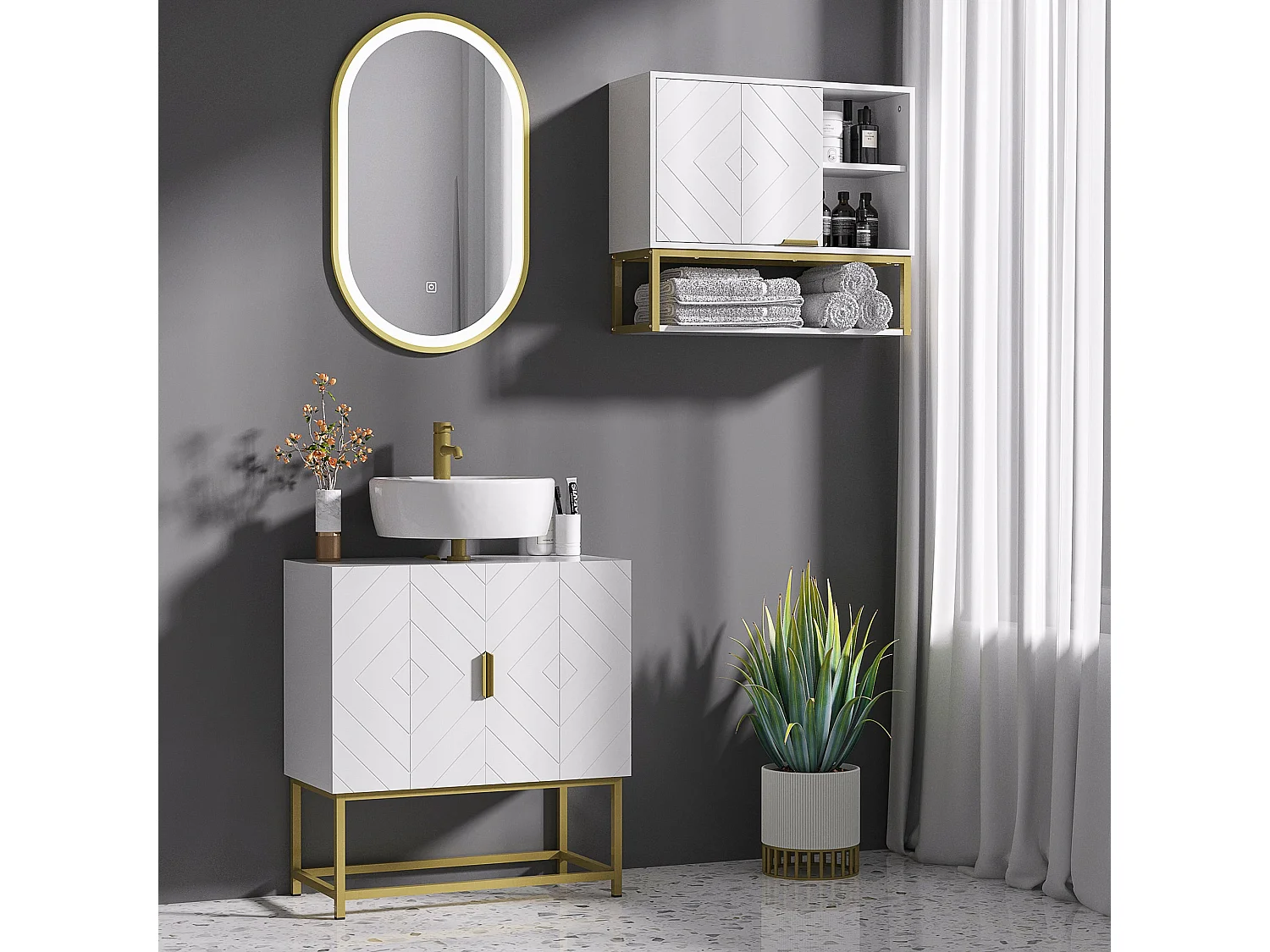 Fitirole Under Sink Bathroom Cabinet with Mirror and Gold Tone Legs