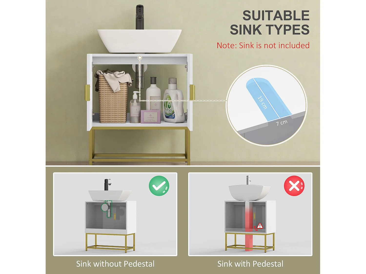 Fitirole Under Sink Bathroom Cabinet with Mirror and Gold Tone Legs