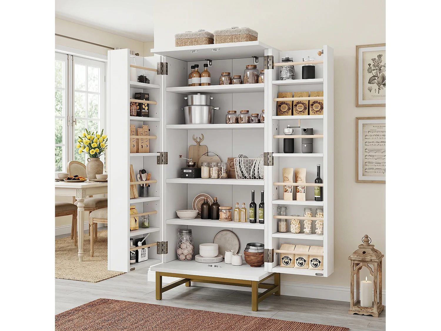 Buffet de cuisine 60x40x130cm - 2 portes - Idéal pour salle à manger ou salon - Étagères réglables - Blanc et doré