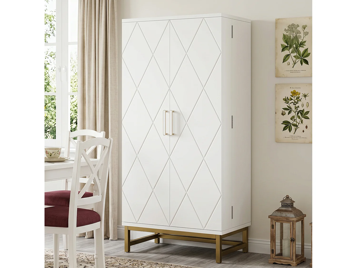 Buffet de cuisine 60x40x130cm - 2 portes - Idéal pour salle à manger ou salon - Étagères réglables - Blanc et doré