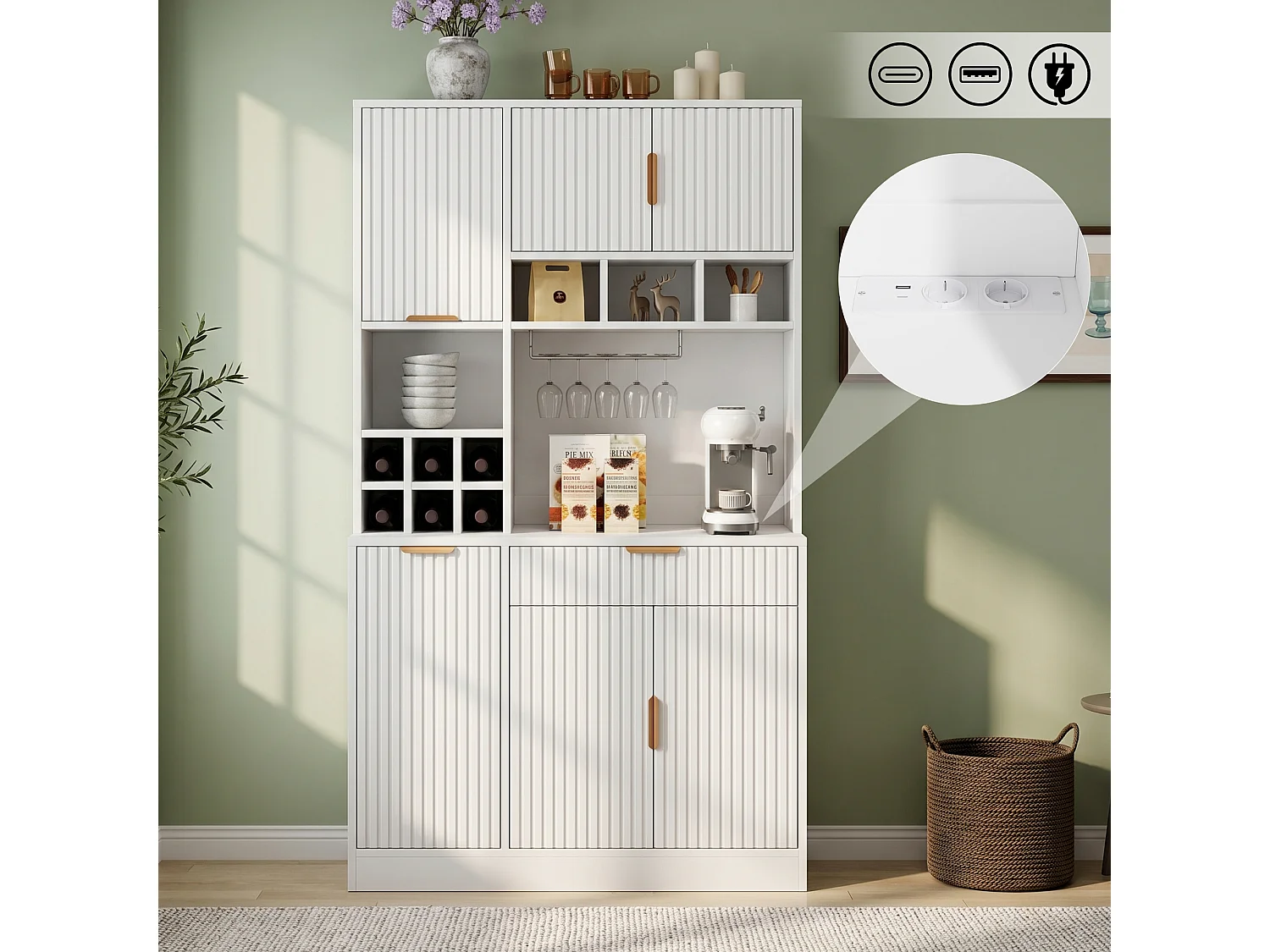 Buffet de cuisine 100x40x175 cm - 6 portes et 1 tiroir - avec porte-verres à vin - prise électrique et port USB - Blanc