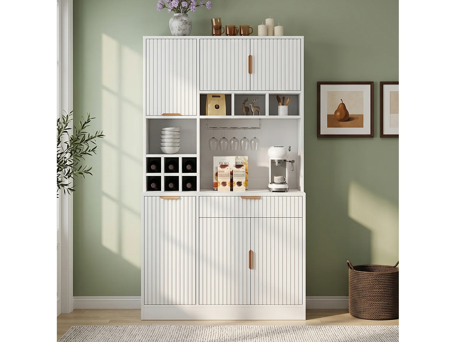 Buffet de cuisine 100x40x175 cm - 6 portes et 1 tiroir - avec porte-verres à vin - prise électrique et port USB - Blanc