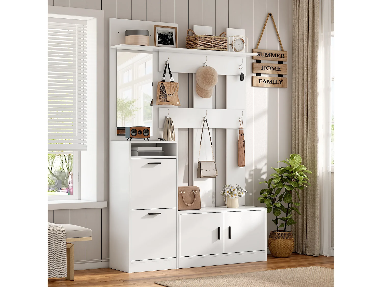 Garderoben-Set 120x30x180 cm - Mit Schuhschrank und Bank - Mit Spiegel und Haken - MDF - Weiß