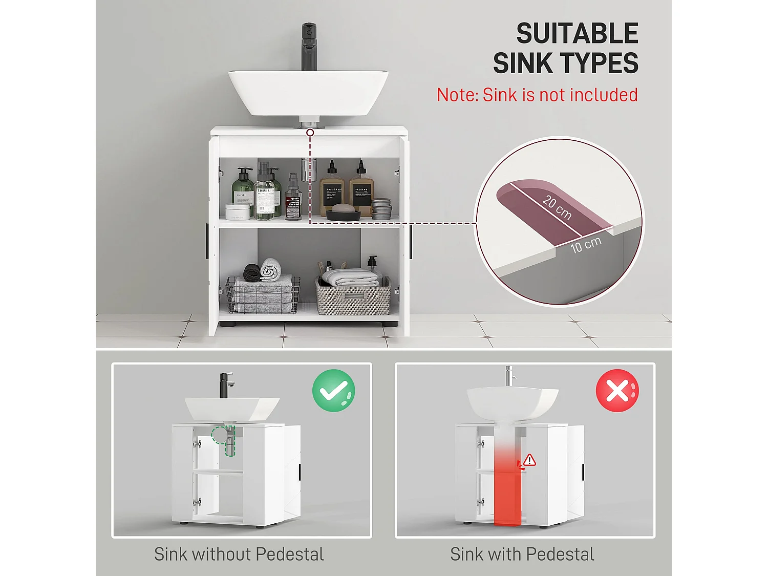 Badosu Luni 60cm Under Sink Bathroom Cabinet White Internal Shelving Soft Close