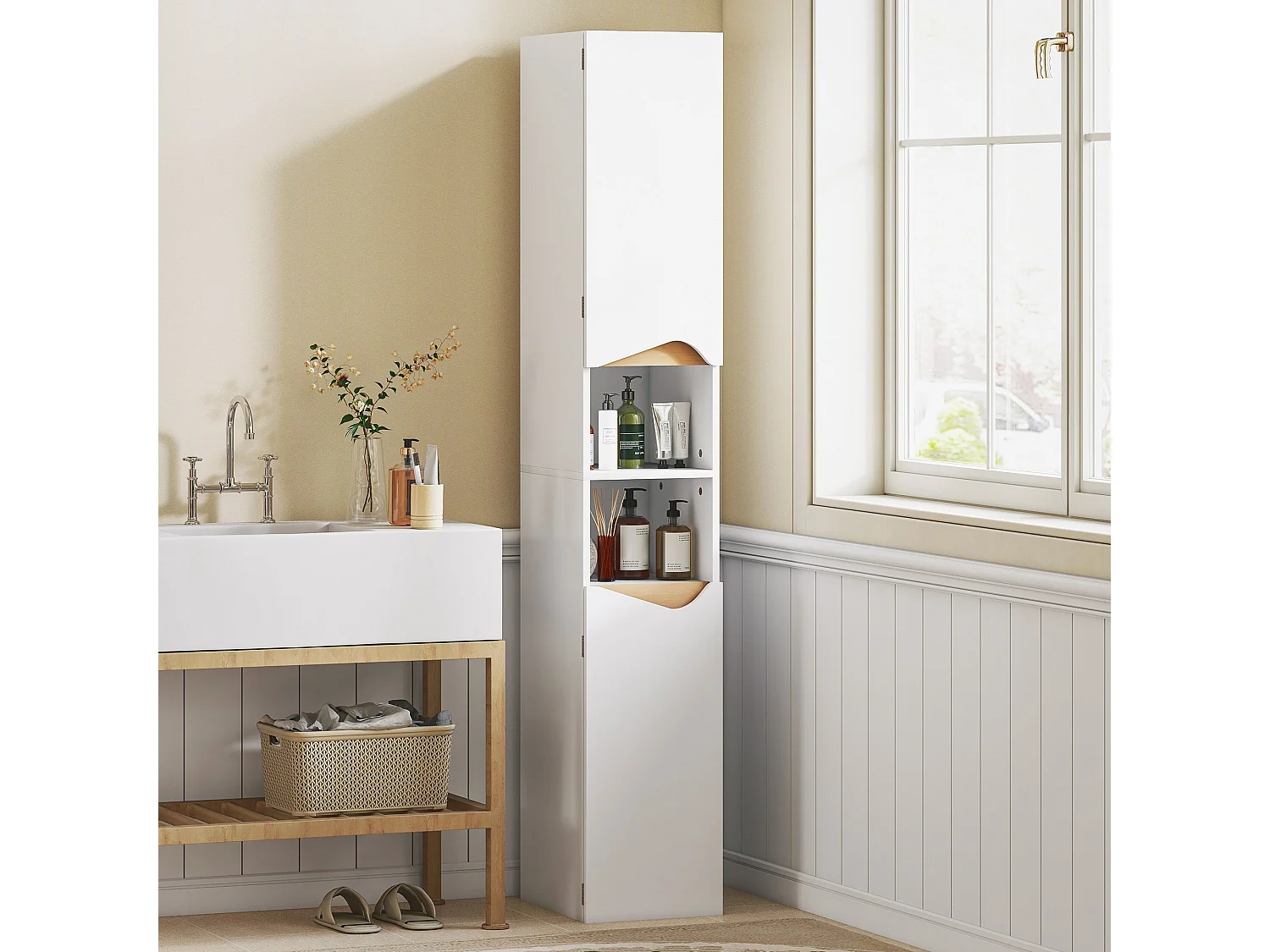 Rasa Slim Tall Bathroom Storage Cabinet 2 Doors 2 Shelves White