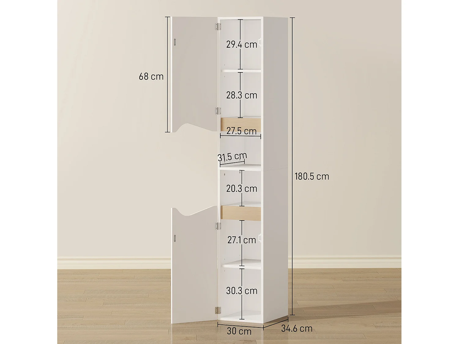 Rasa Slim Tall Bathroom Storage Cabinet 2 Doors 2 Shelves White