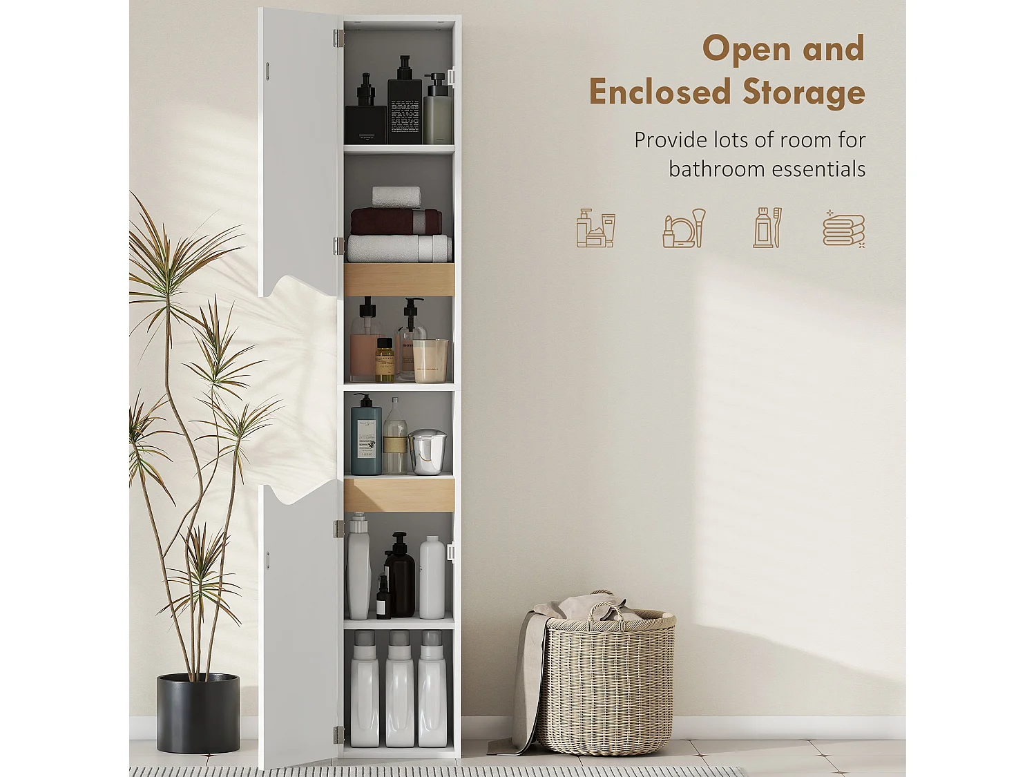 Rasa Slim Tall Bathroom Storage Cabinet 2 Doors 2 Shelves White