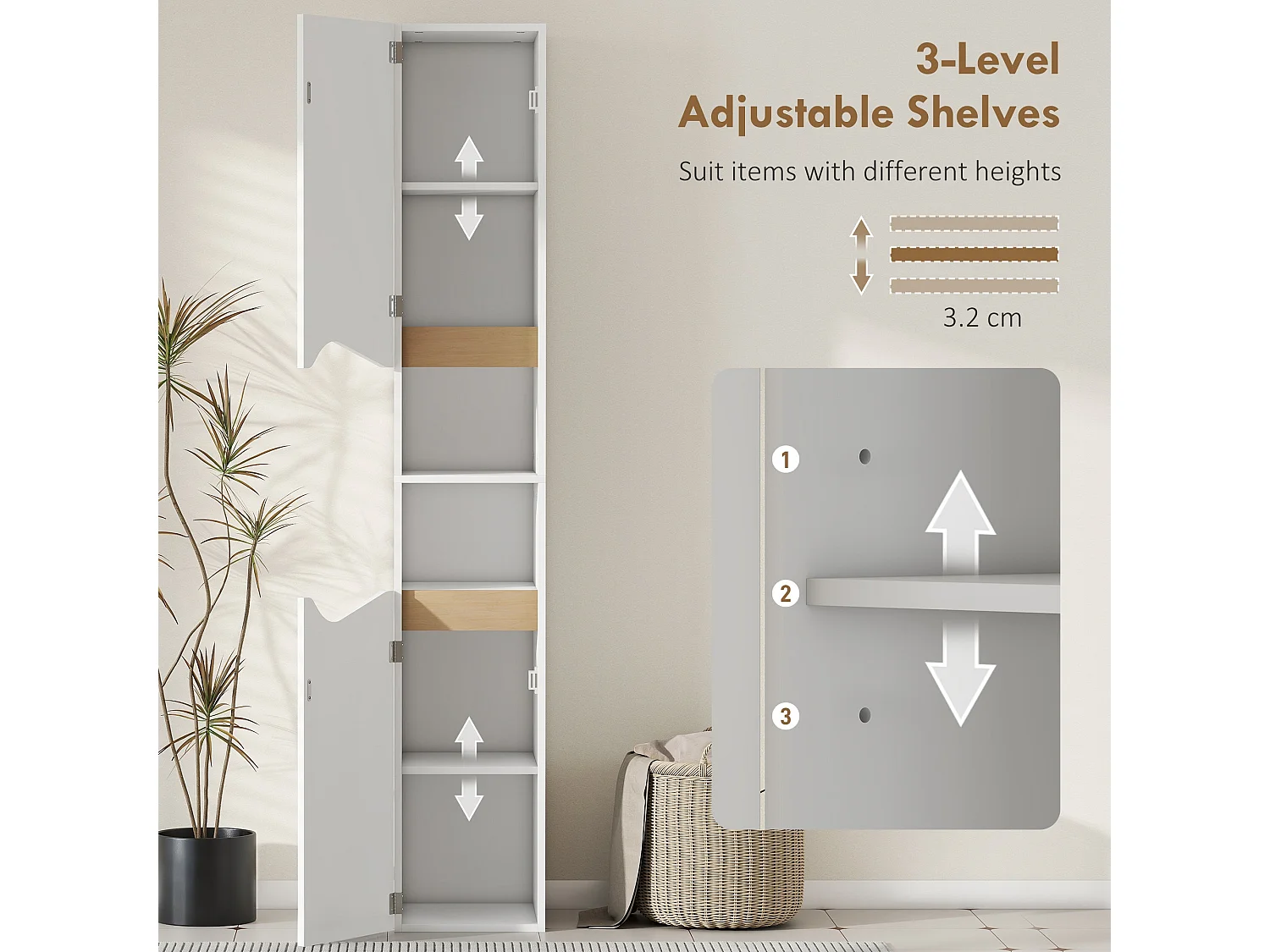 Rasa Slim Tall Bathroom Storage Cabinet 2 Doors 2 Shelves White