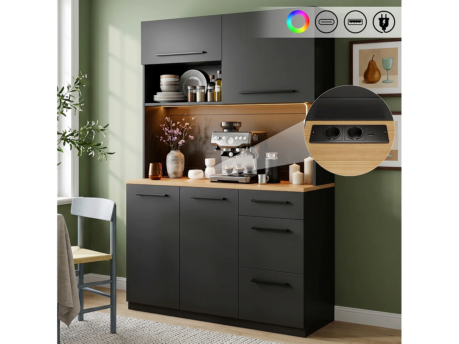 Buffet/Armoire haute 120x4x180 cm - avec éclairage LED - 4 portes et 3 tiroirs - avec prise électrique et port USB - Noir