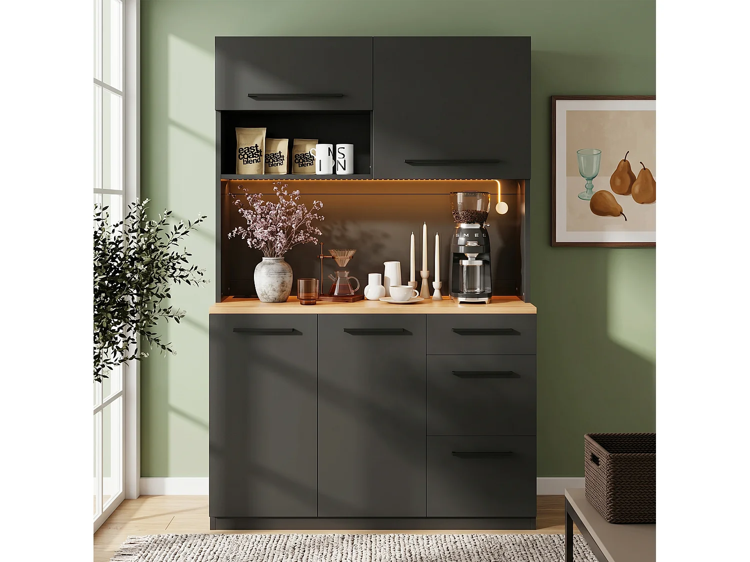 Buffet/Armoire haute 120x4x180 cm - avec éclairage LED - 4 portes et 3 tiroirs - avec prise électrique et port USB - Noir