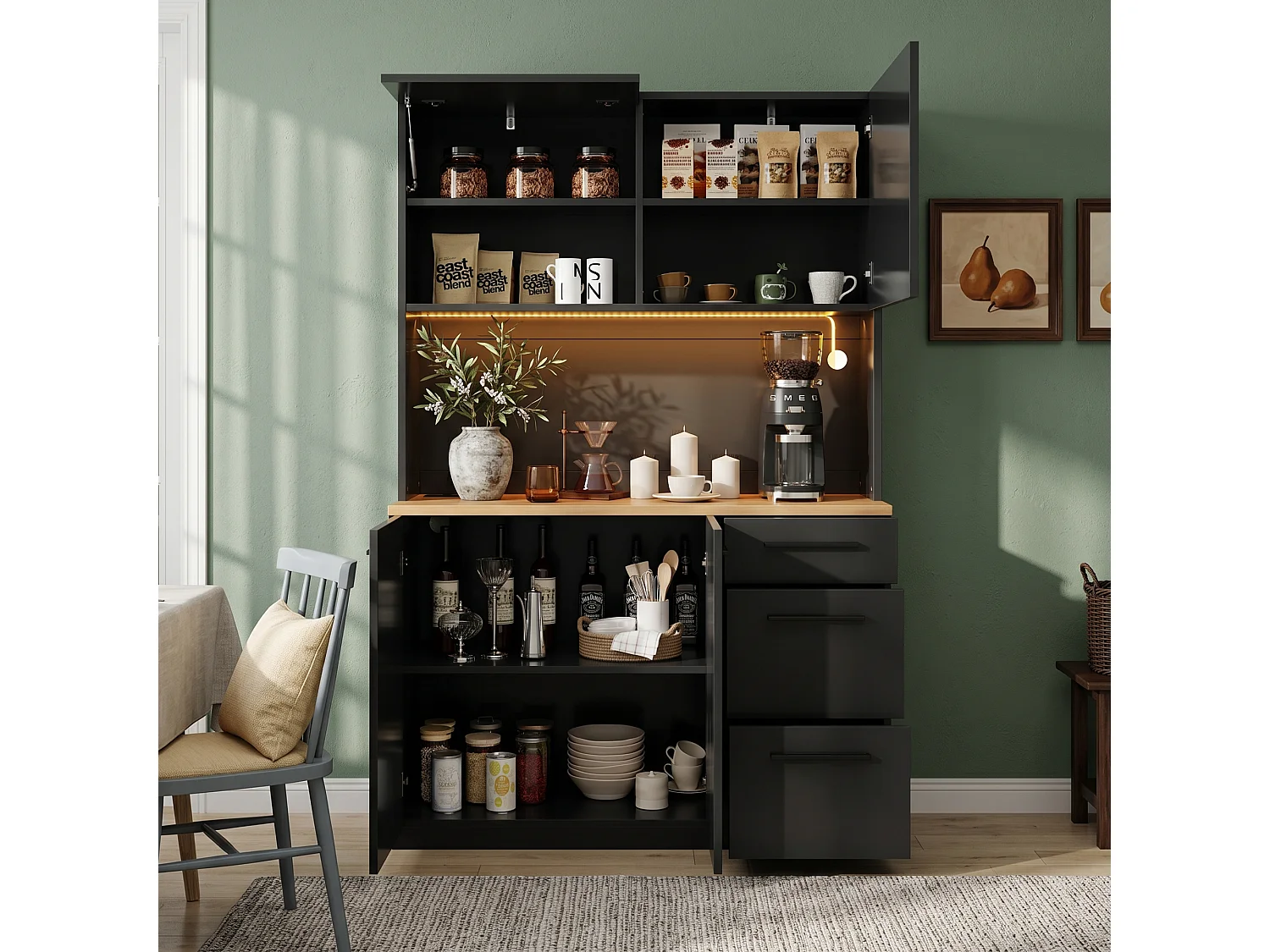 Buffet/Armoire haute 120x4x180 cm - avec éclairage LED - 4 portes et 3 tiroirs - avec prise électrique et port USB - Noir