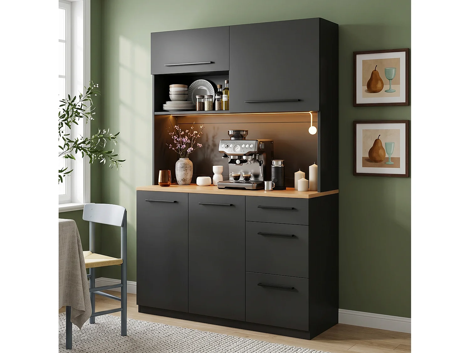 Buffet/Armoire haute 120x4x180 cm - avec éclairage LED - 4 portes et 3 tiroirs - avec prise électrique et port USB - Noir
