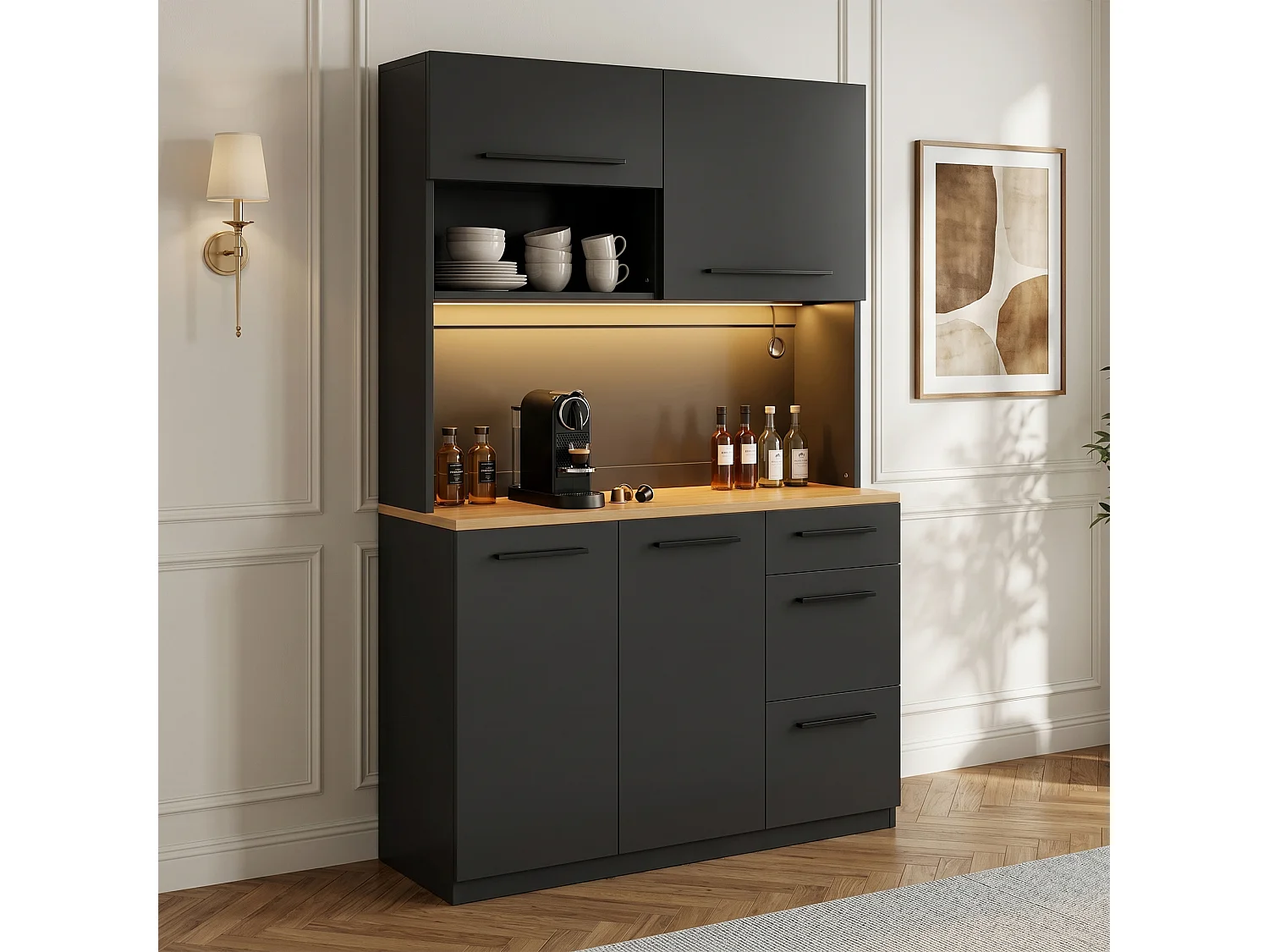 Buffet/Armoire haute 120x4x180 cm - avec éclairage LED - 4 portes et 3 tiroirs - avec prise électrique et port USB - Noir