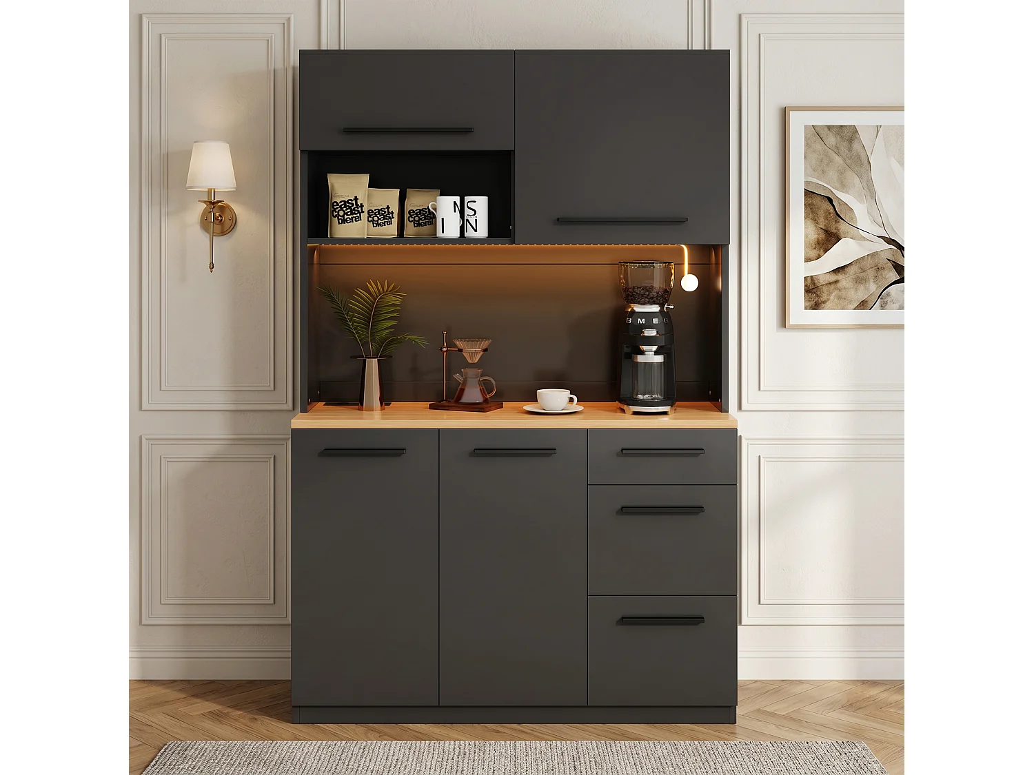 Buffet/Armoire haute 120x4x180 cm - avec éclairage LED - 4 portes et 3 tiroirs - avec prise électrique et port USB - Noir
