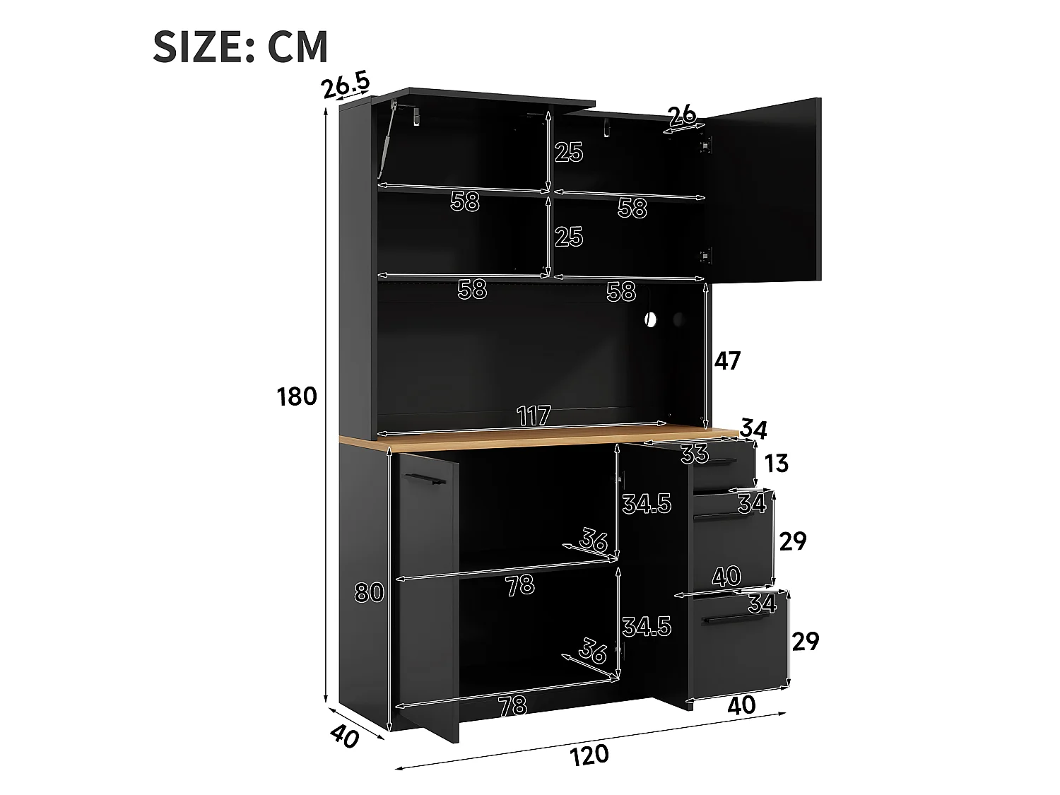 Buffet/Armoire haute 120x4x180 cm - avec éclairage LED - 4 portes et 3 tiroirs - avec prise électrique et port USB - Noir