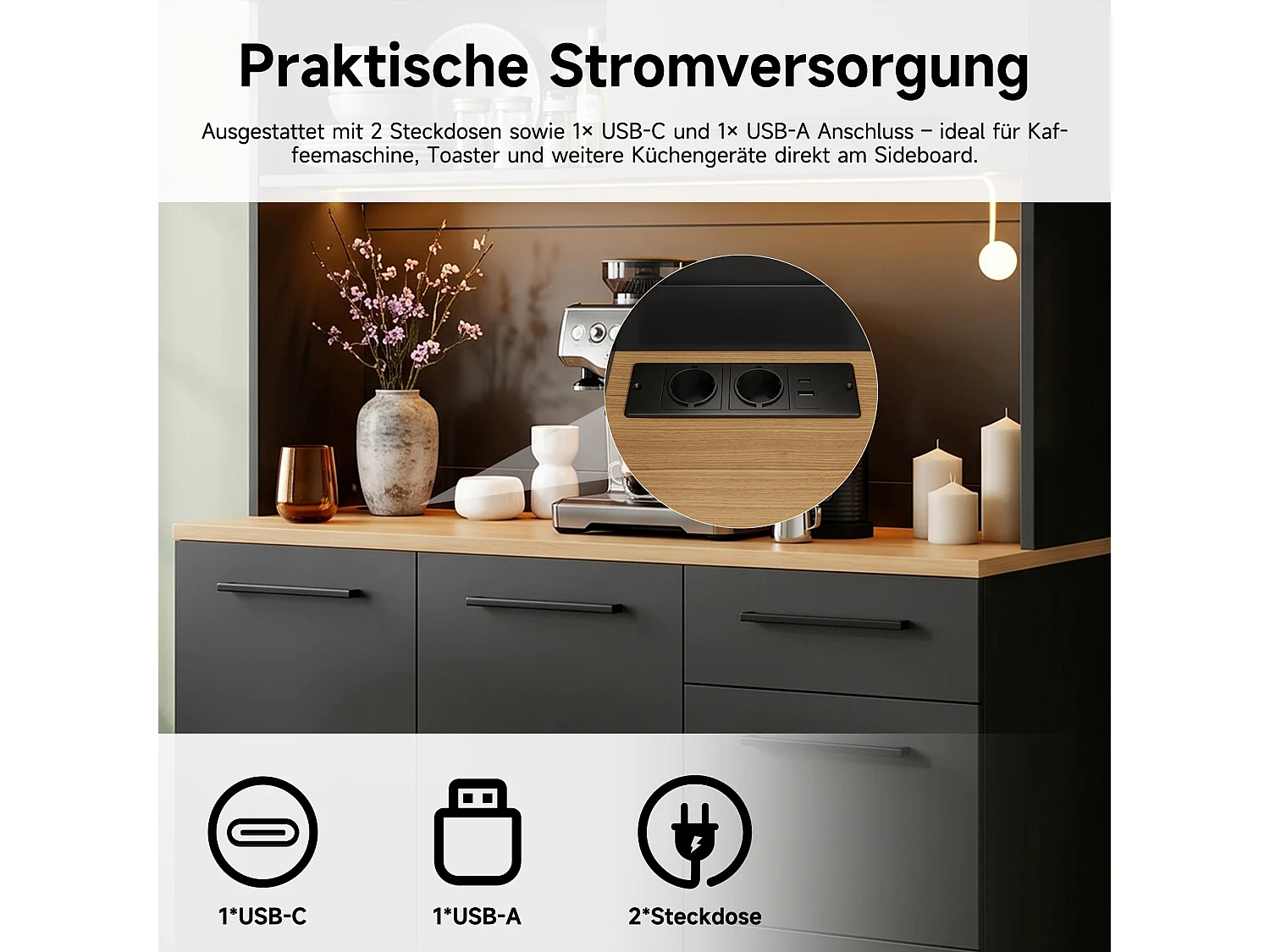 Buffet/Armoire haute 120x4x180 cm - avec éclairage LED - 4 portes et 3 tiroirs - avec prise électrique et port USB - Noir