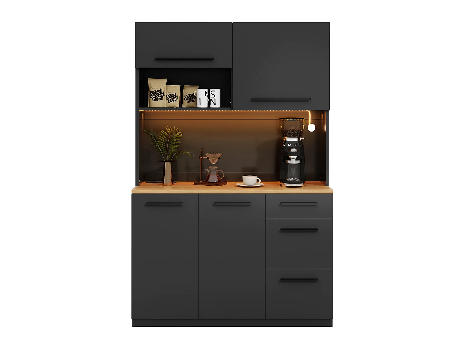 Buffet/Armoire haute 120x4x180 cm - avec éclairage LED - 4 portes et 3 tiroirs - avec prise électrique et port USB - Noir
