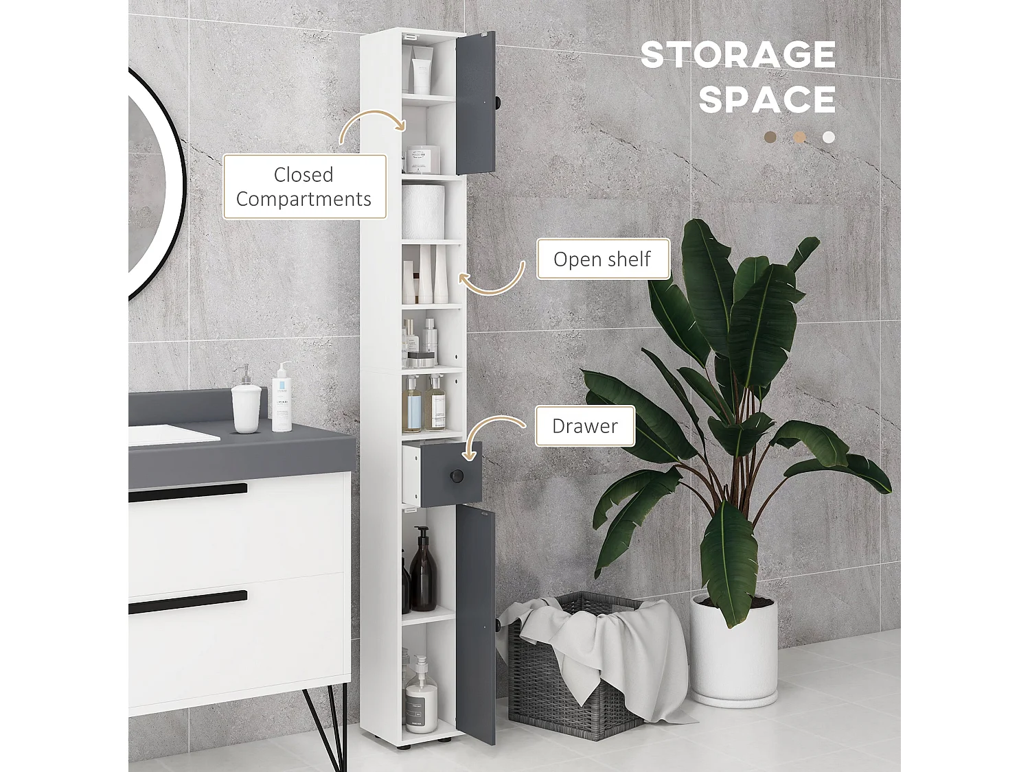 Fidire Tall Slim Grey Bathroom Storage Cabinet Shelves Drawer and Cupboard