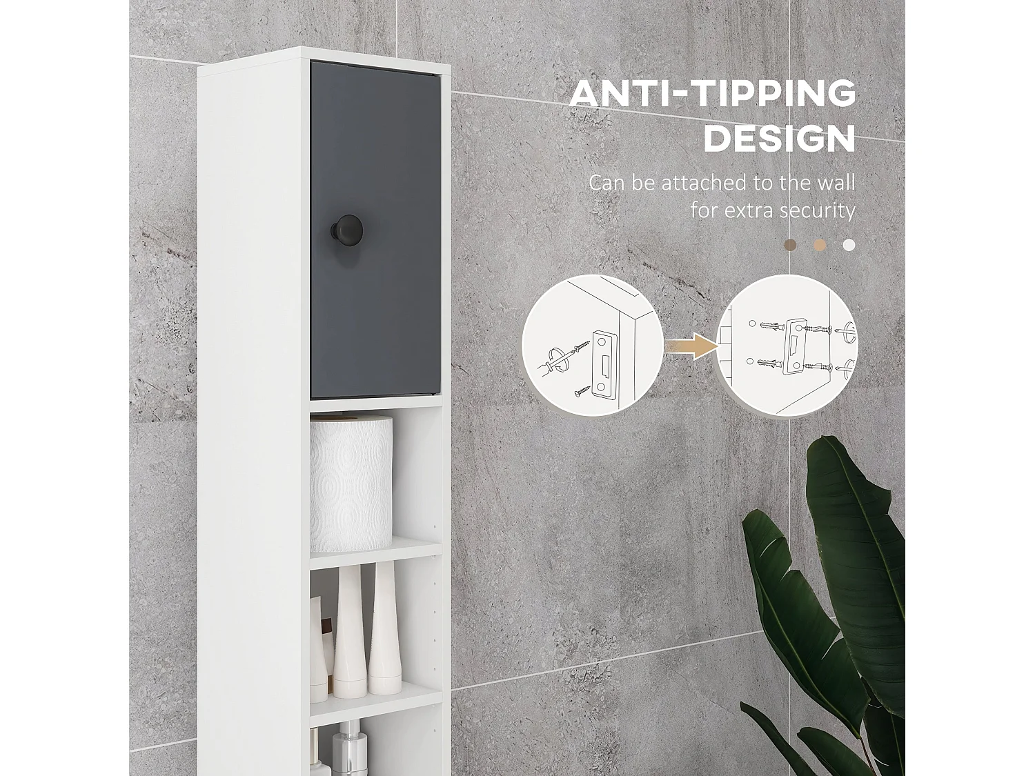 Fidire Tall Slim Grey Bathroom Storage Cabinet Shelves Drawer and Cupboard