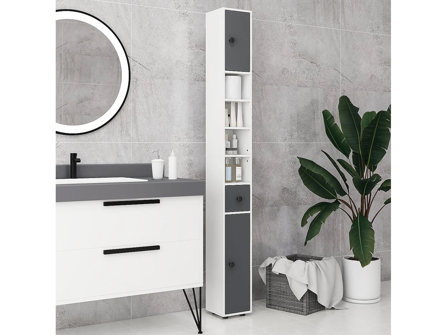 Fidire Tall Slim Grey Bathroom Storage Cabinet Shelves Drawer and Cupboard