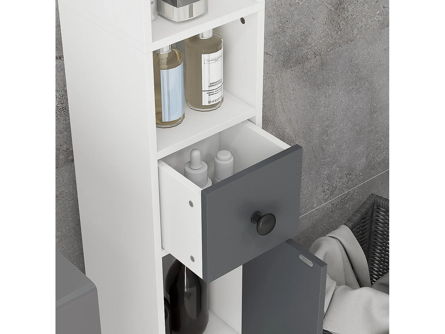 Fidire Tall Slim Grey Bathroom Storage Cabinet Shelves Drawer and Cupboard