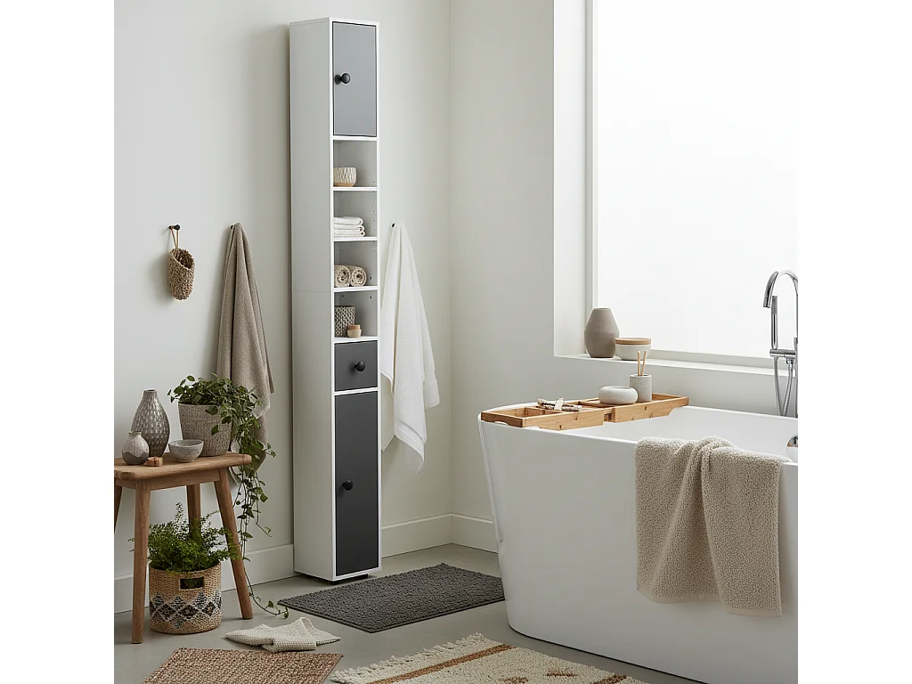 Fidire Tall Slim Grey Bathroom Storage Cabinet Shelves Drawer and Cupboard
