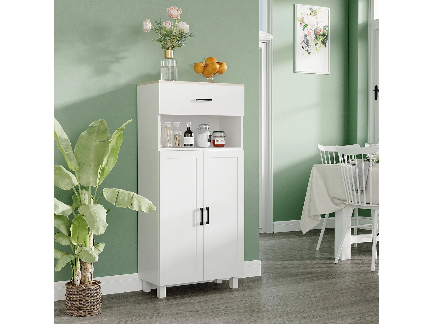 Yoelna 130cm Nordic White Kitchen Cabinet 1 Drawer 2 Doors and Open Shelf