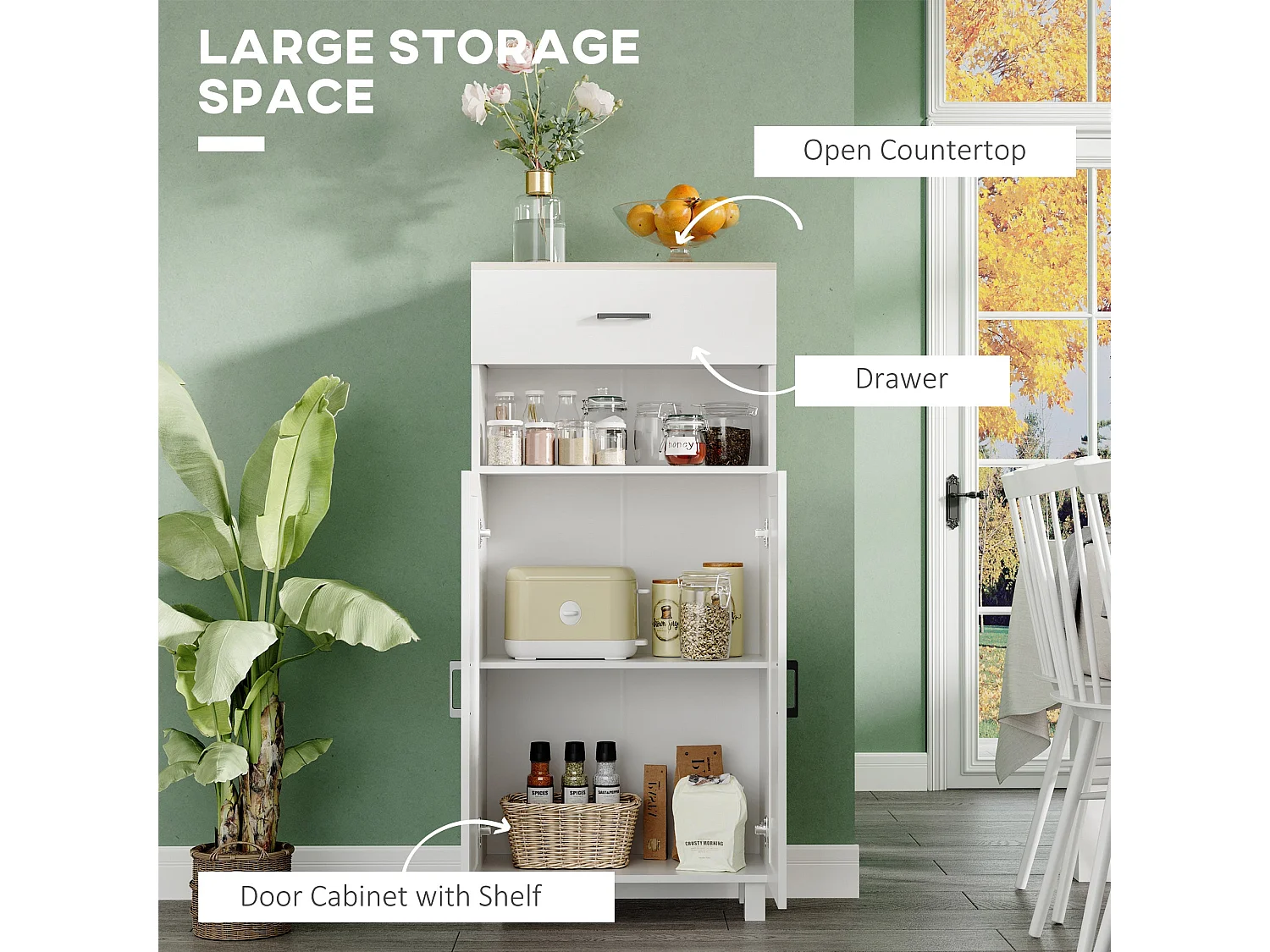 Yoelna 130cm Nordic White Kitchen Cabinet 1 Drawer 2 Doors and Open Shelf