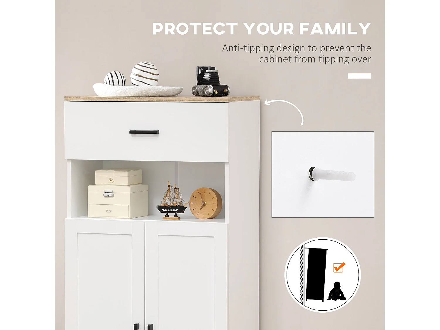 Yoelna 130cm Nordic White Kitchen Cabinet 1 Drawer 2 Doors and Open Shelf