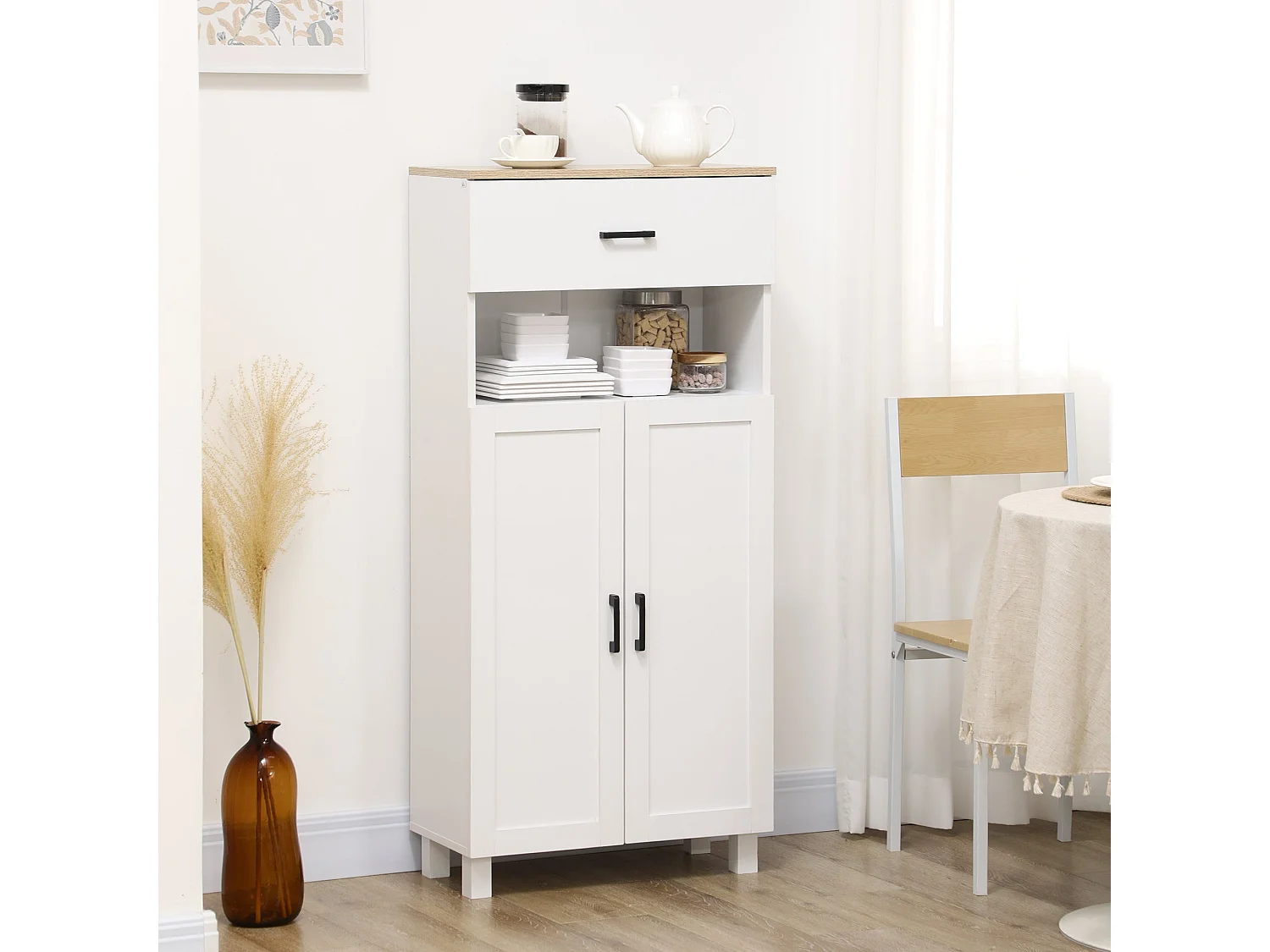 Yoelna 130cm Nordic White Kitchen Cabinet 1 Drawer 2 Doors and Open Shelf