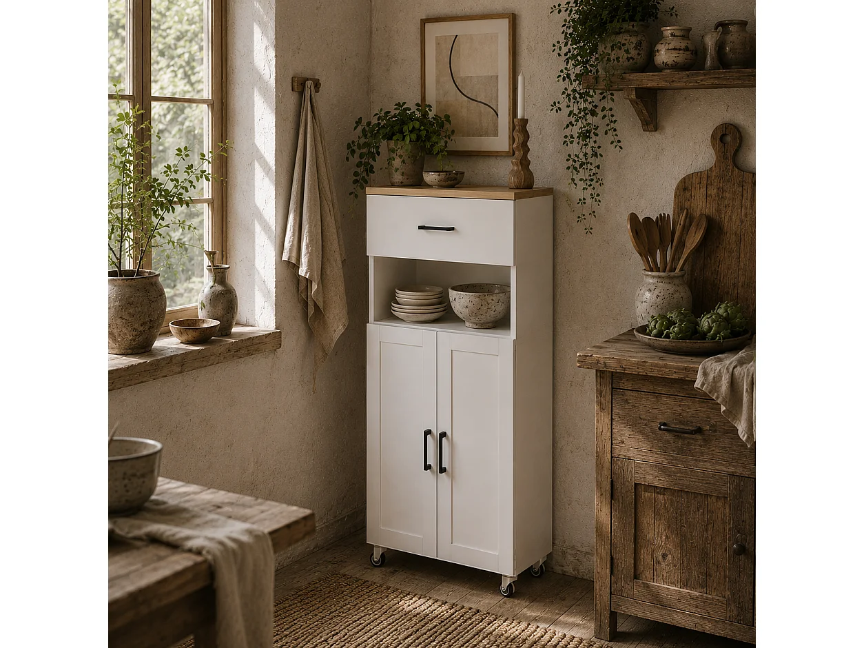 Yoelna 130cm Nordic White Kitchen Cabinet 1 Drawer 2 Doors and Open Shelf