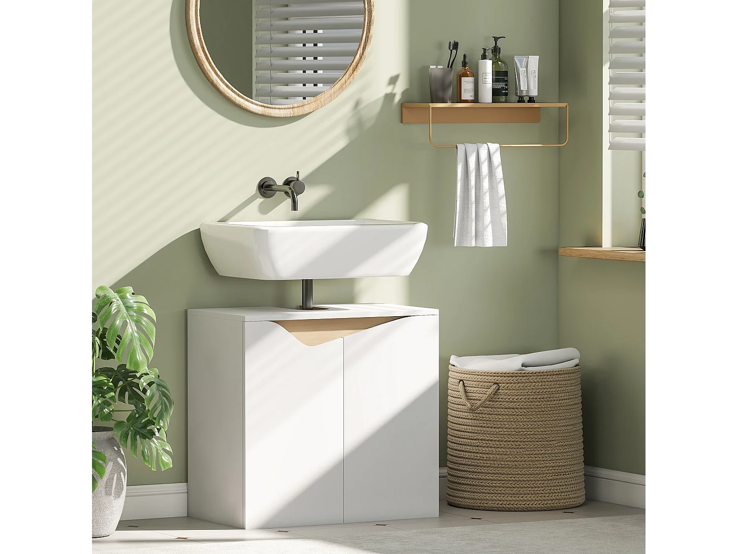 Lahane 60cm Under Sink Bathroom Cabinet with Soft Close Doors White and Natural Wood Finish