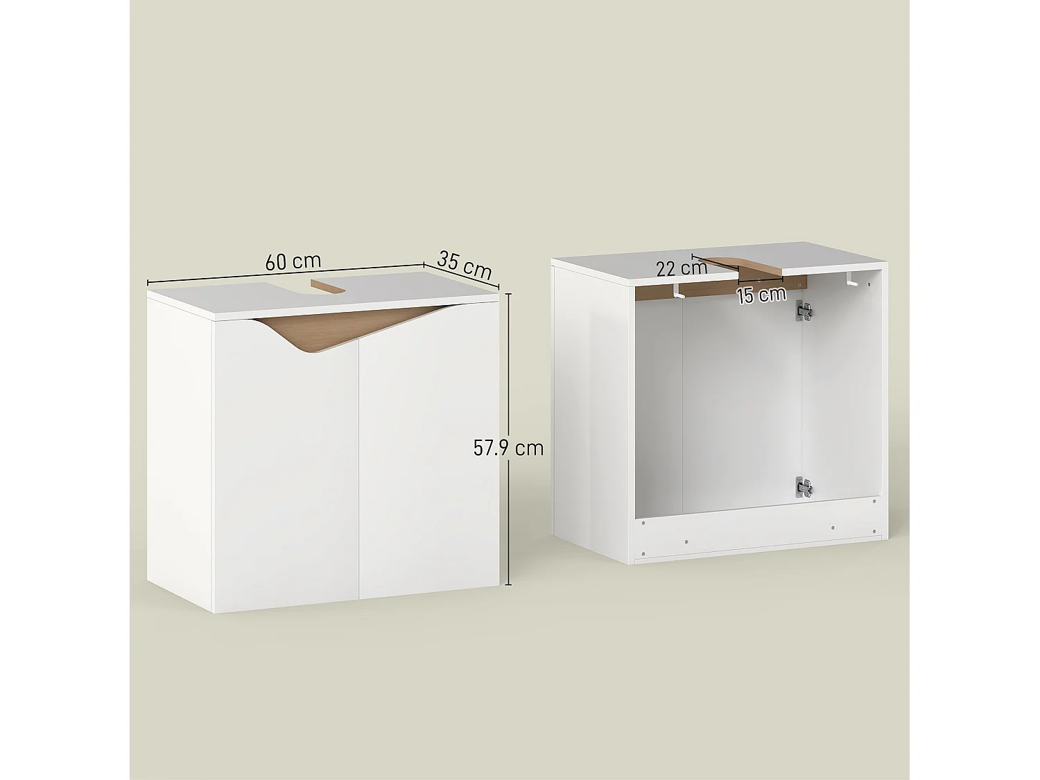 Lahane 60cm Under Sink Bathroom Cabinet with Soft Close Doors White and Natural Wood Finish