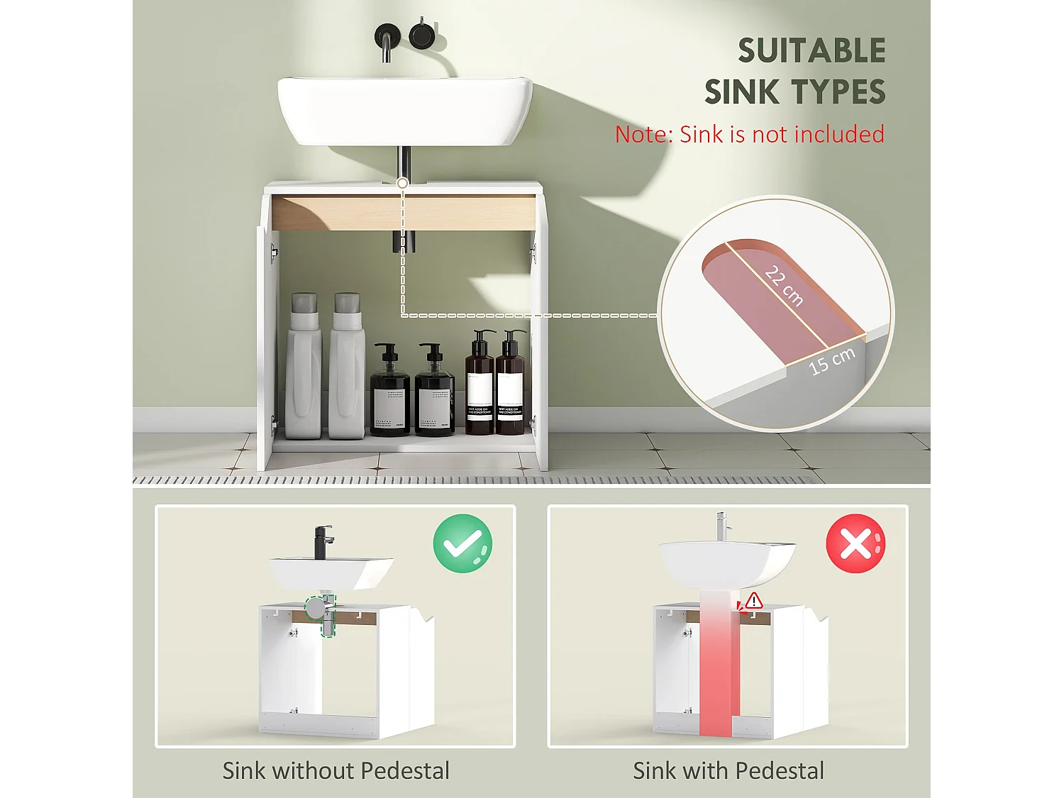 Lahane 60cm Under Sink Bathroom Cabinet with Soft Close Doors White and Natural Wood Finish