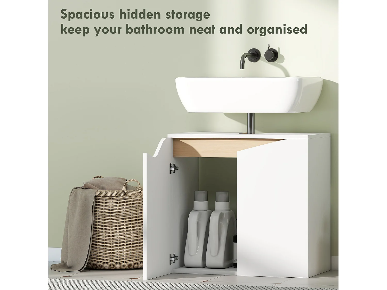 Lahane 60cm Under Sink Bathroom Cabinet with Soft Close Doors White and Natural Wood Finish