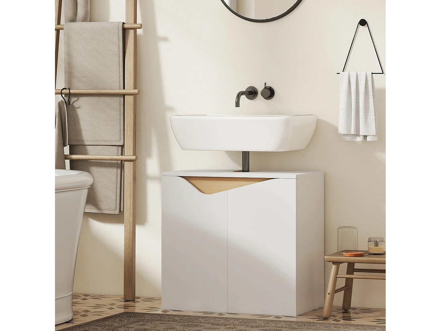 Lahane 60cm Under Sink Bathroom Cabinet with Soft Close Doors White and Natural Wood Finish