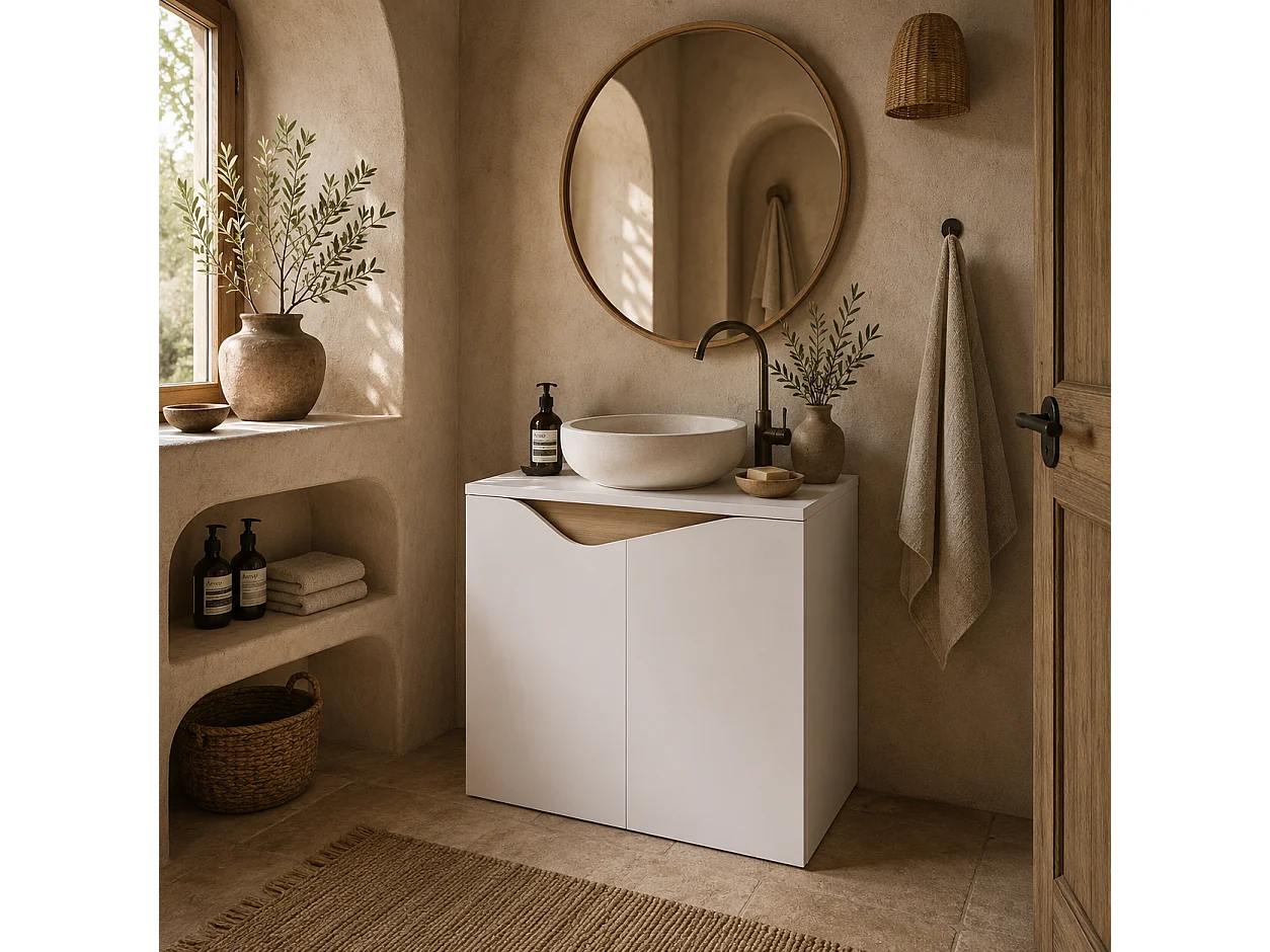 Lahane 60cm Under Sink Bathroom Cabinet with Soft Close Doors White and Natural Wood Finish