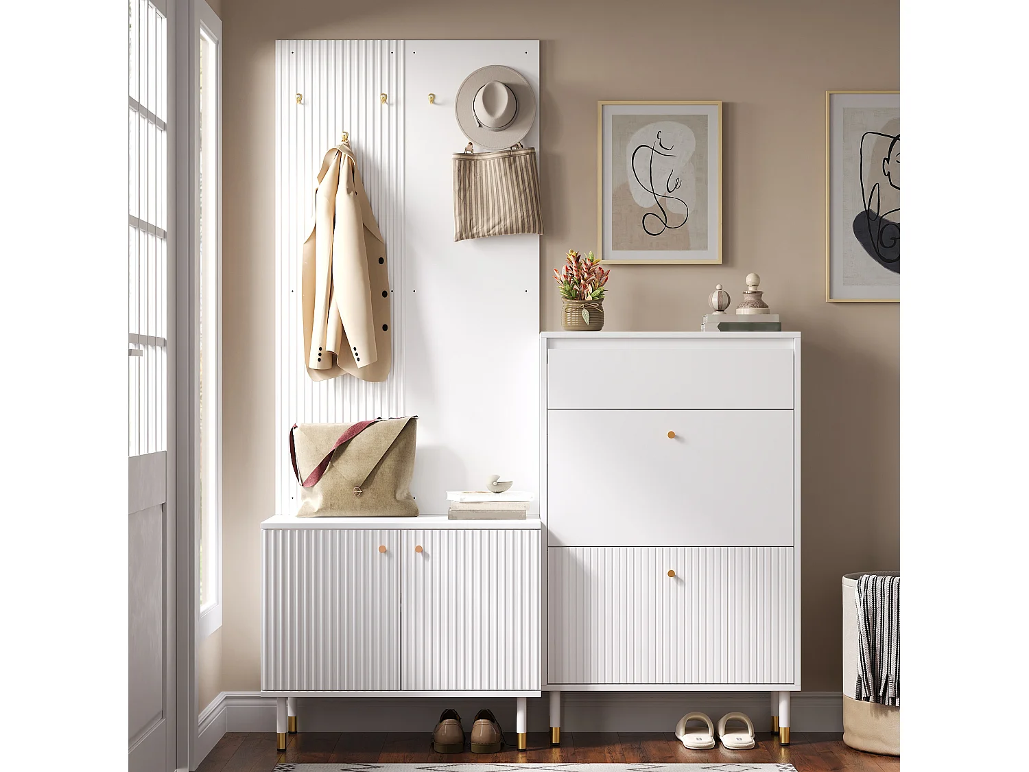 Modulares Flurmöbel-Set - Garderobenschrank mit 2 Türen + Schuhschrank - Mit Metallhaken - Weiß