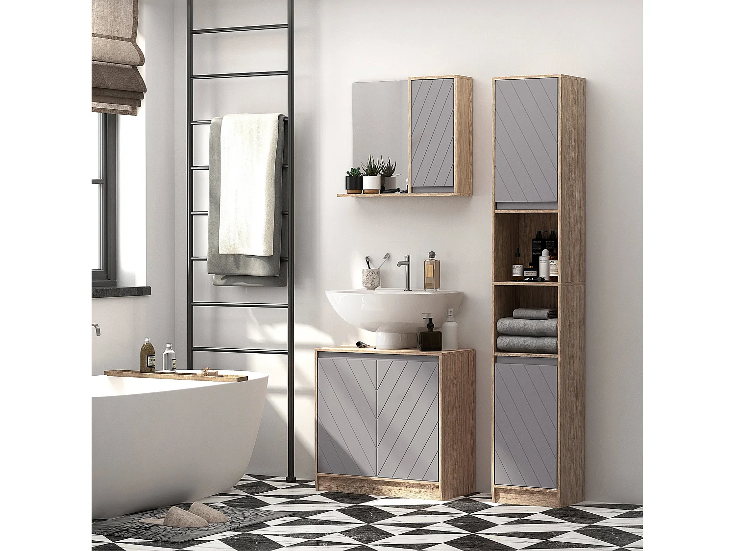 Movese Freestanding Under Sink Storage Cupboard Grey and Oak 60cm