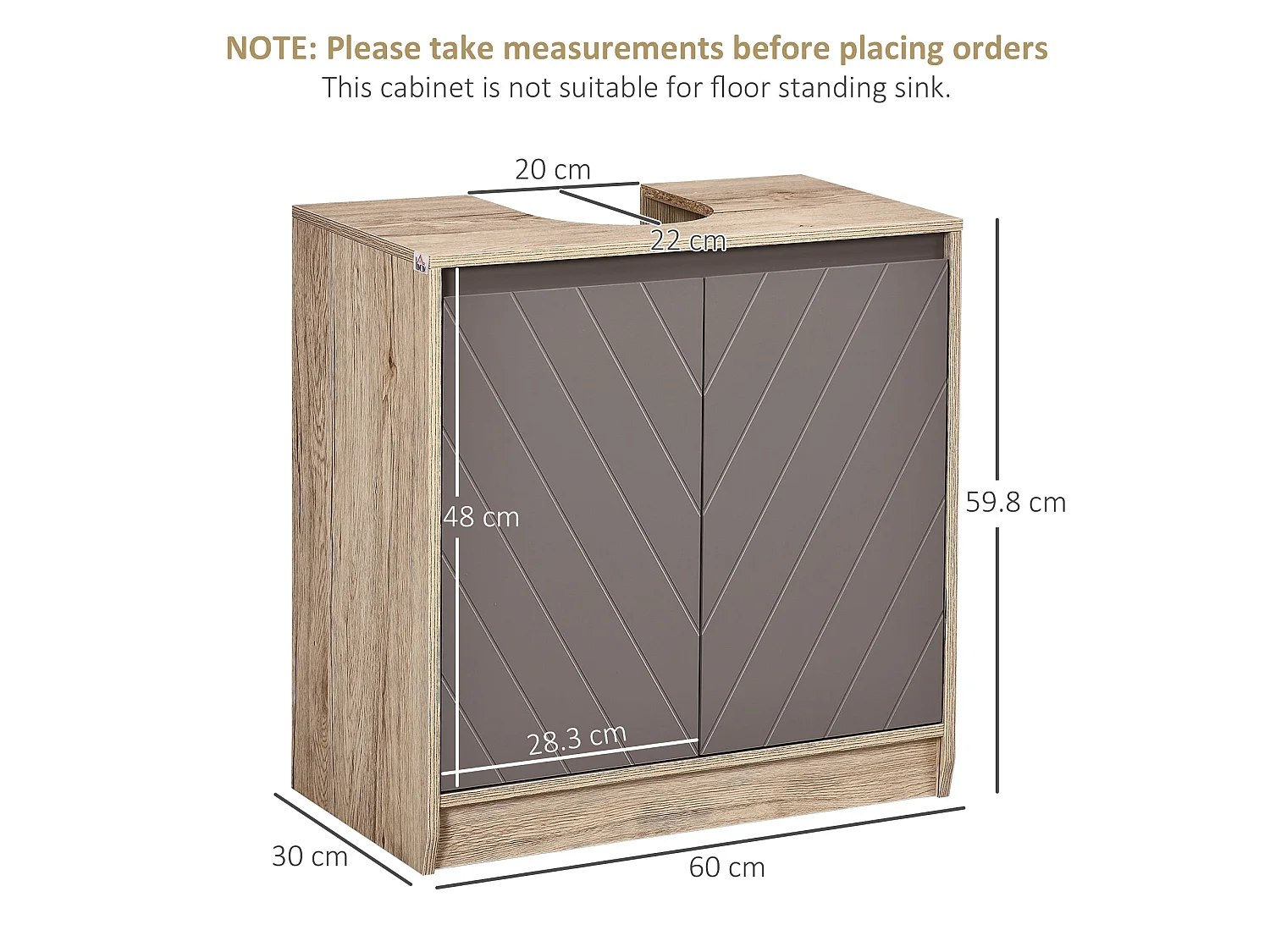 Movese Freestanding Under Sink Storage Cupboard Grey and Oak 60cm
