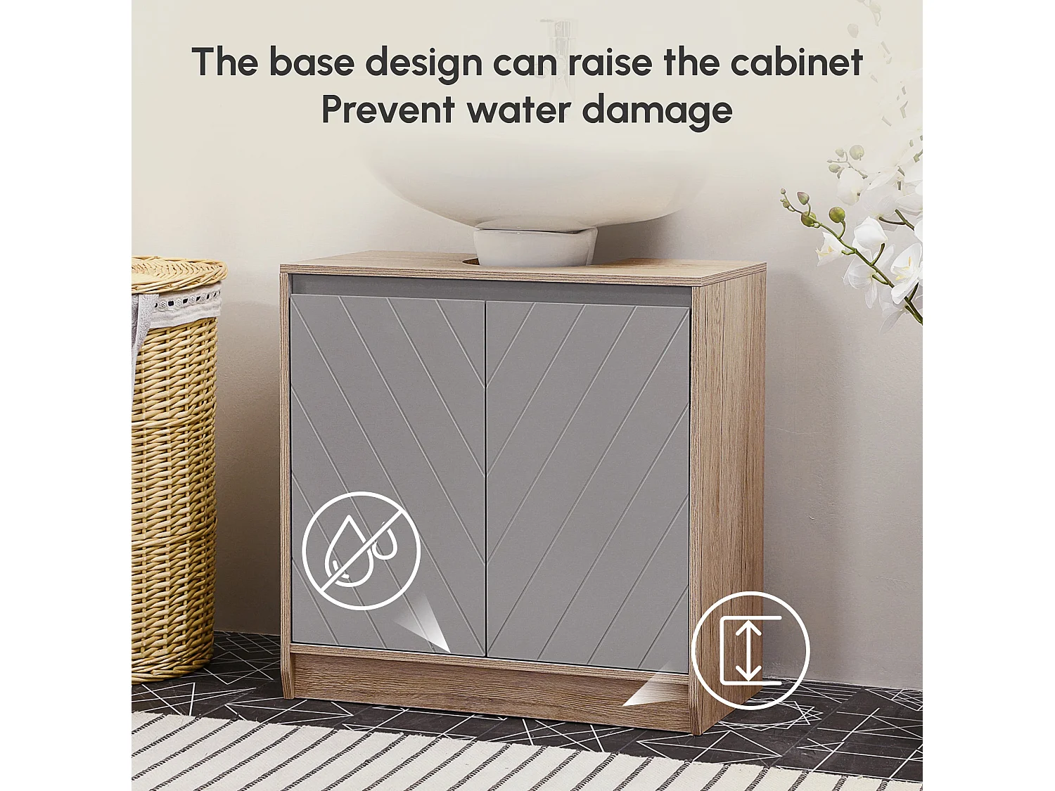 Movese Freestanding Under Sink Storage Cupboard Grey and Oak 60cm