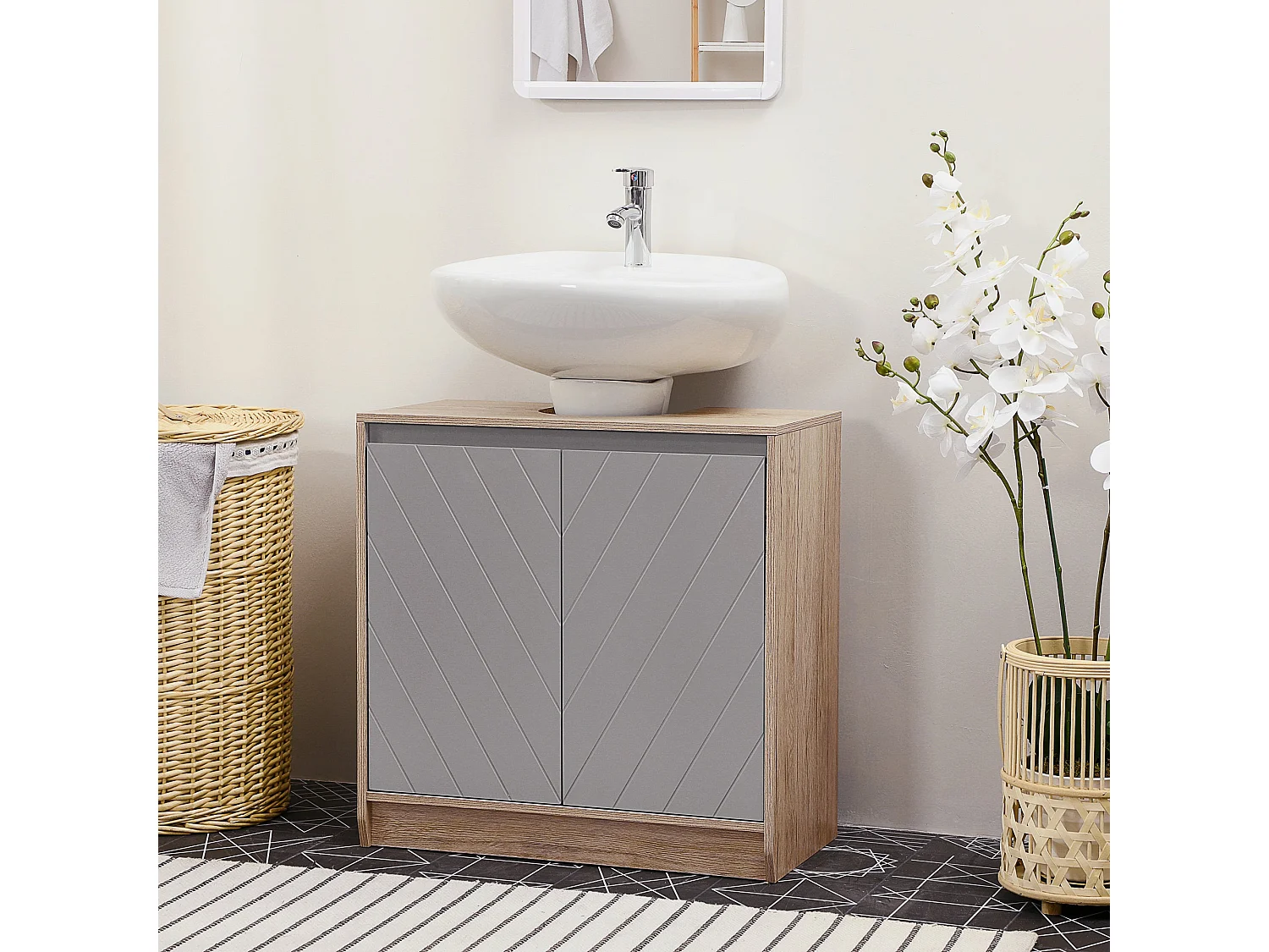Movese Freestanding Under Sink Storage Cupboard Grey and Oak 60cm