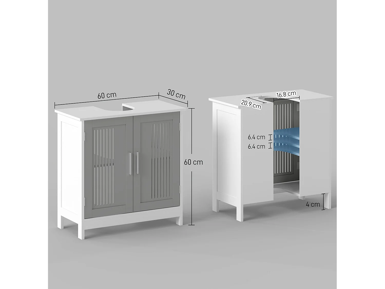 Nelike Grey Under Sink Vanity Unit 60x30x60cm Double Doors Adjustable Shelf