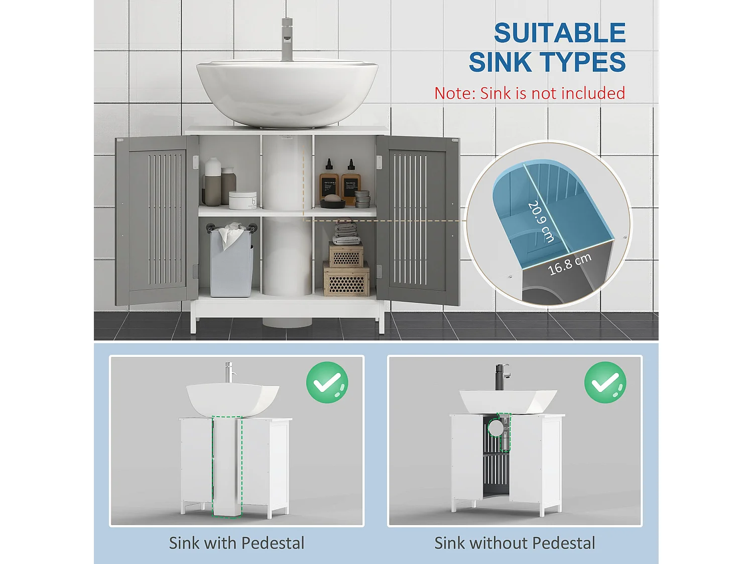 Nelike Grey Under Sink Vanity Unit 60x30x60cm Double Doors Adjustable Shelf