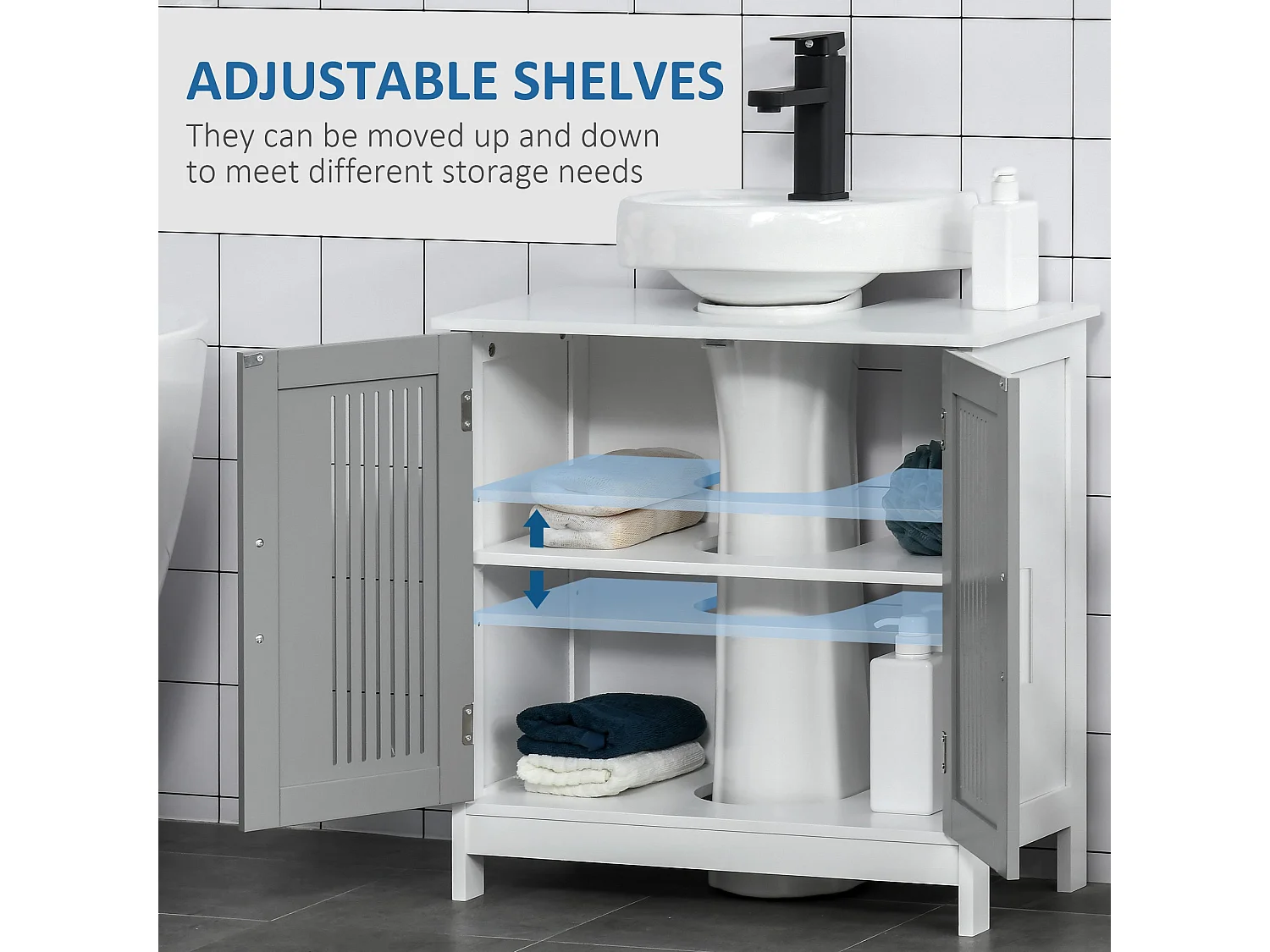 Nelike Grey Under Sink Vanity Unit 60x30x60cm Double Doors Adjustable Shelf